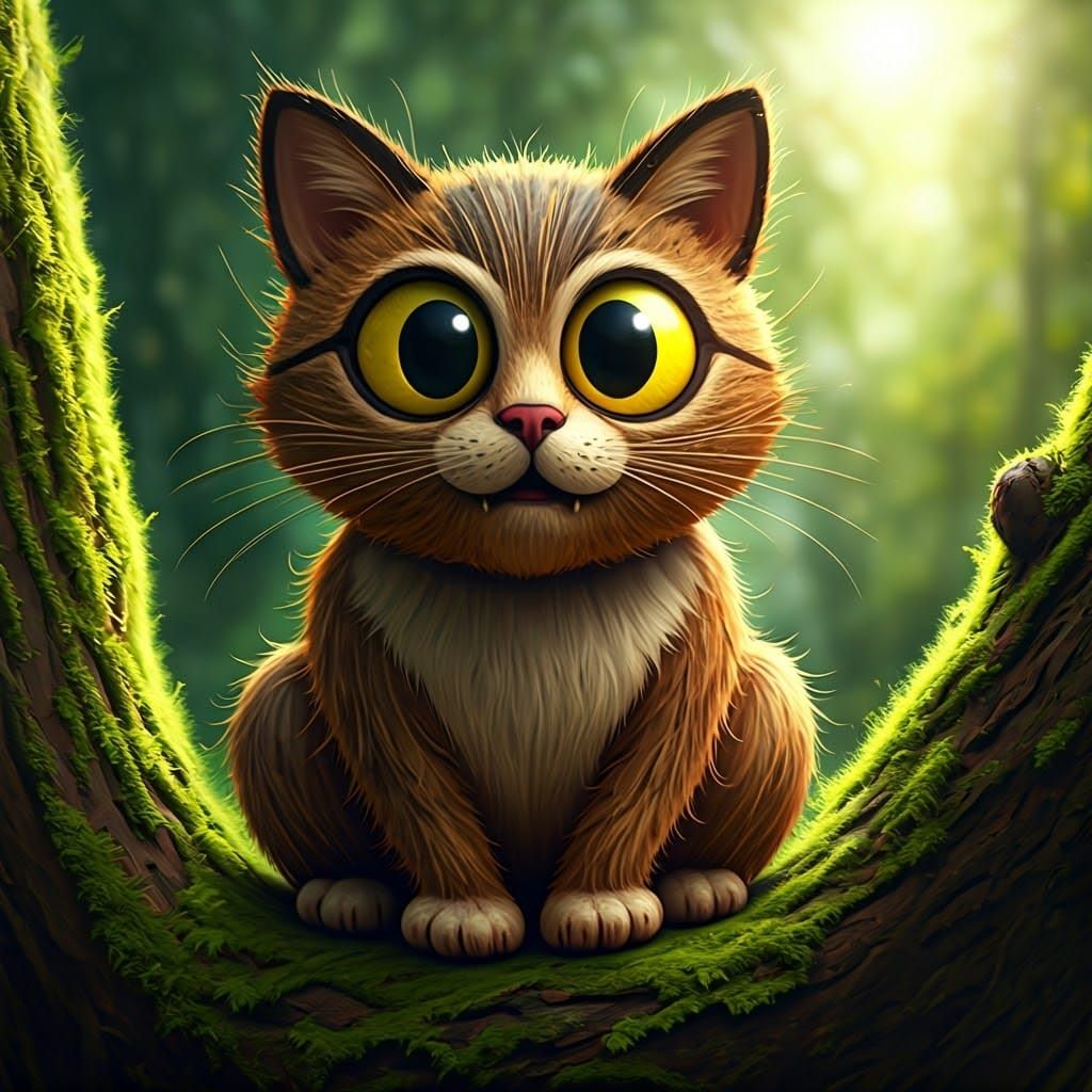 Surreal Coconut Cat Sits on Tree Branch