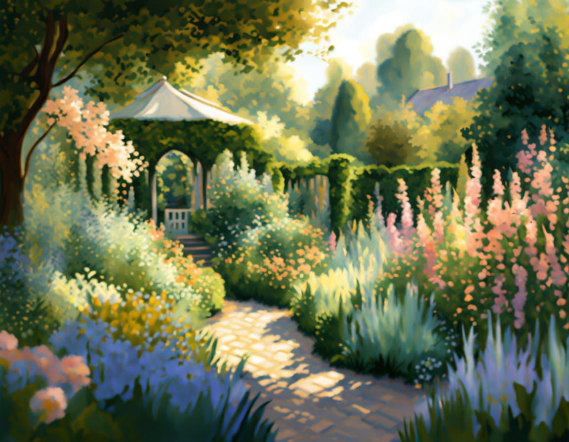 Ethereal English Garden Scene in Impressionist Style