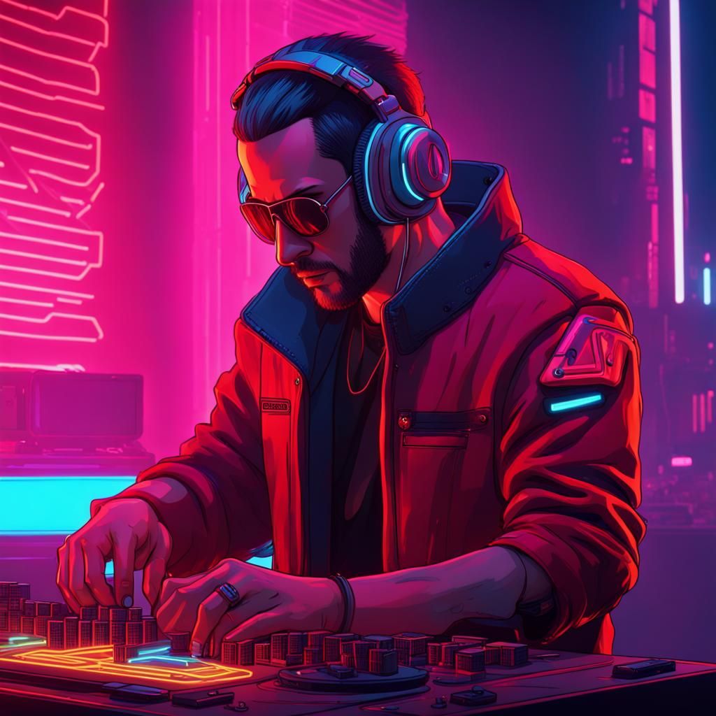 Cyberpunk Techno DJ with Red Bull