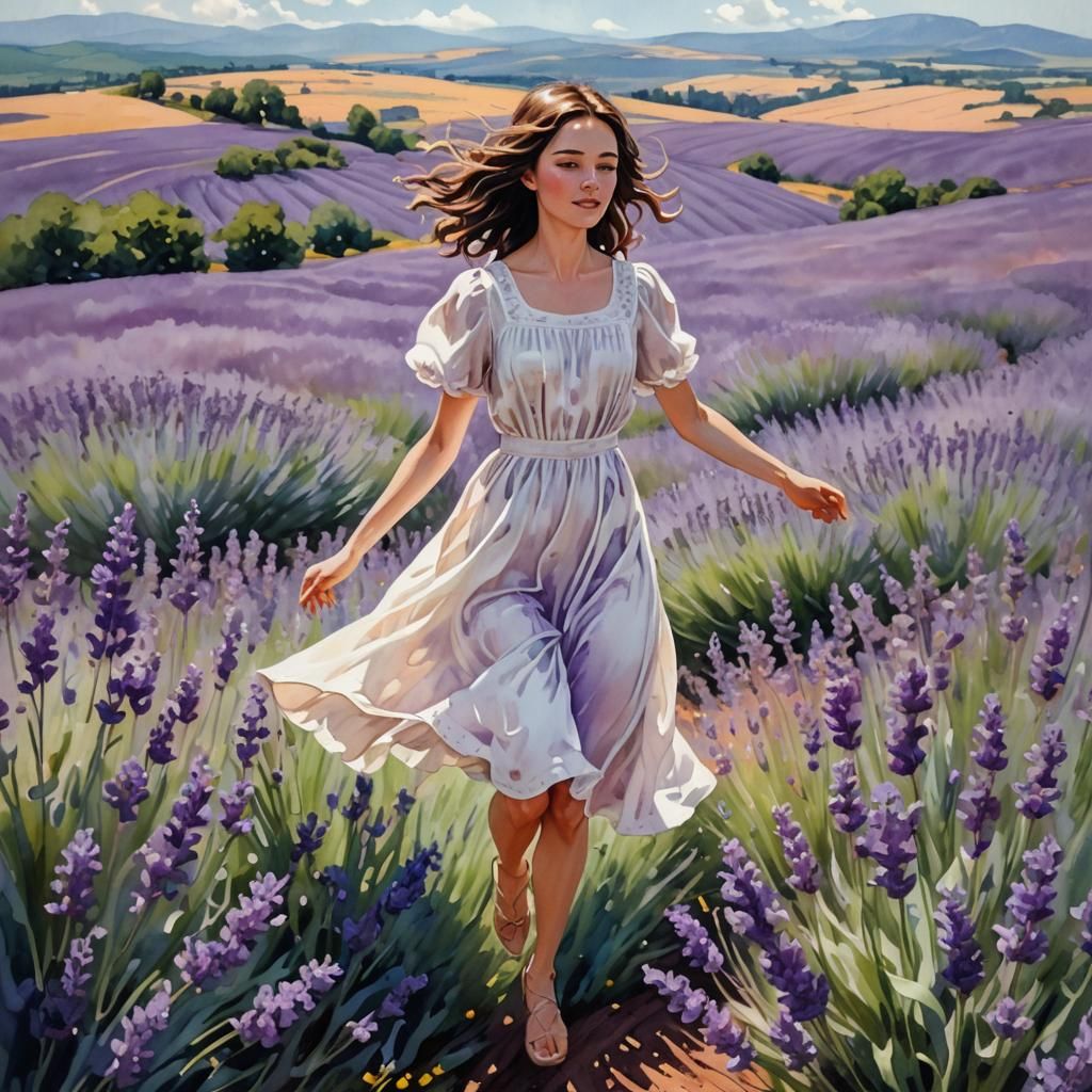 Girl Leaping in Lavender Field, Photorealistic Digital Art