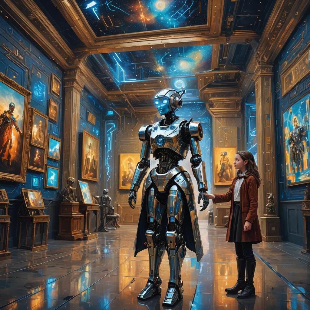 Girl and Robot in Futuristic Museum, Digital Oil Painting