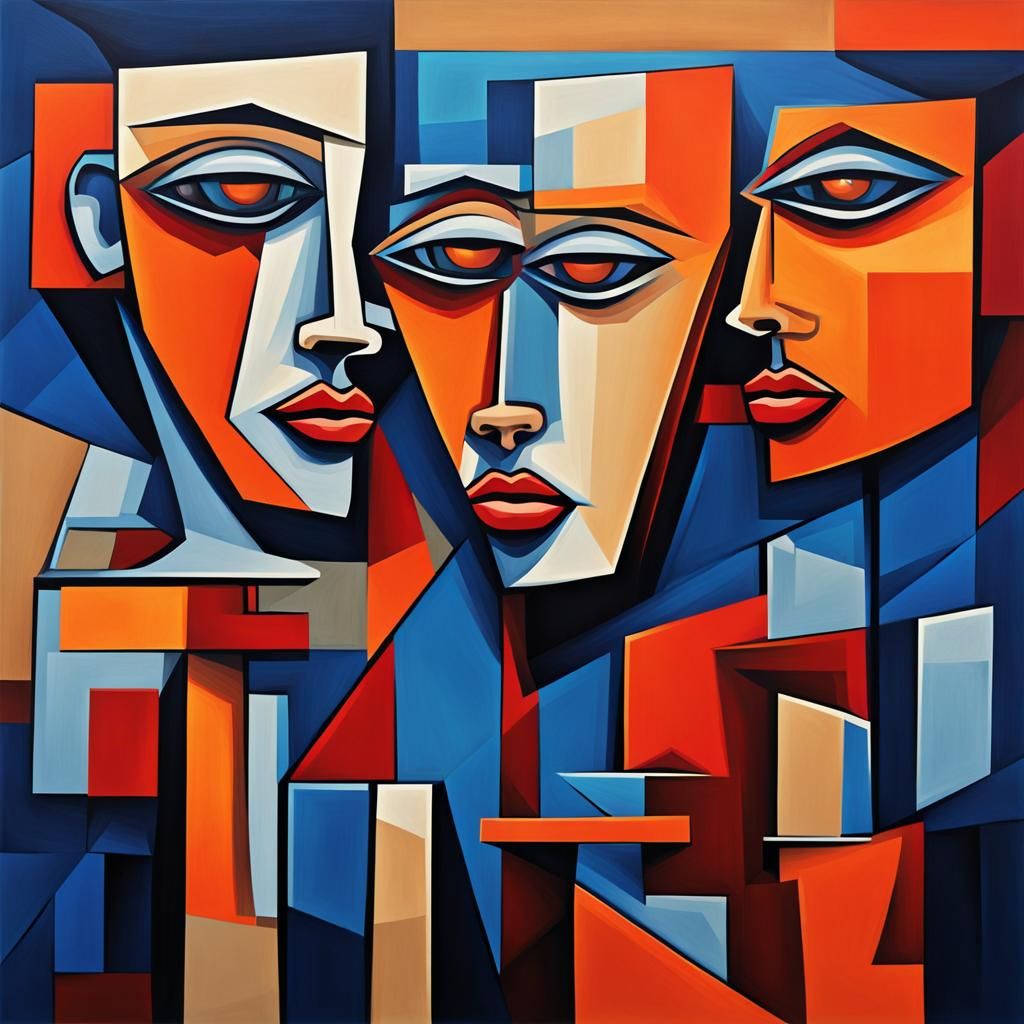 Cubist Painting of Fragmented Female Faces