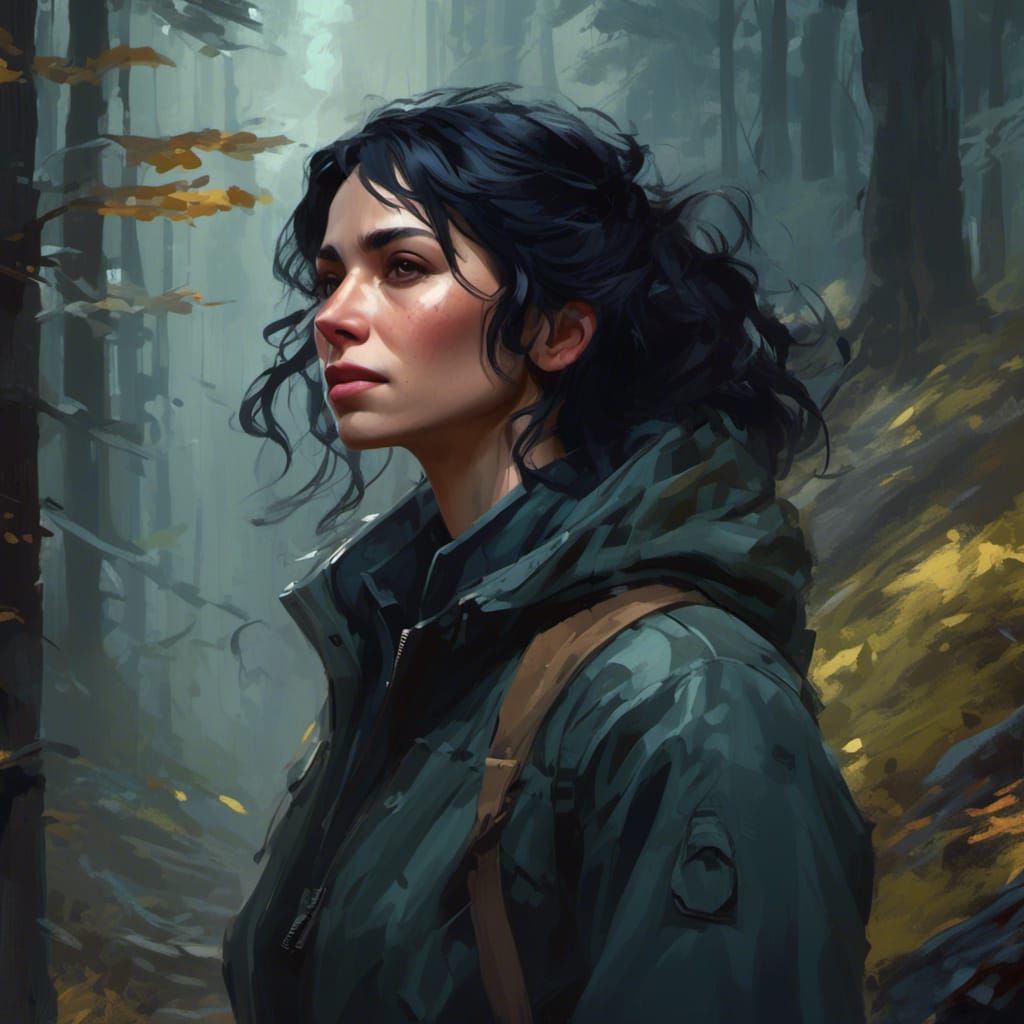 Depressed Woman Hiking in Dark Forest