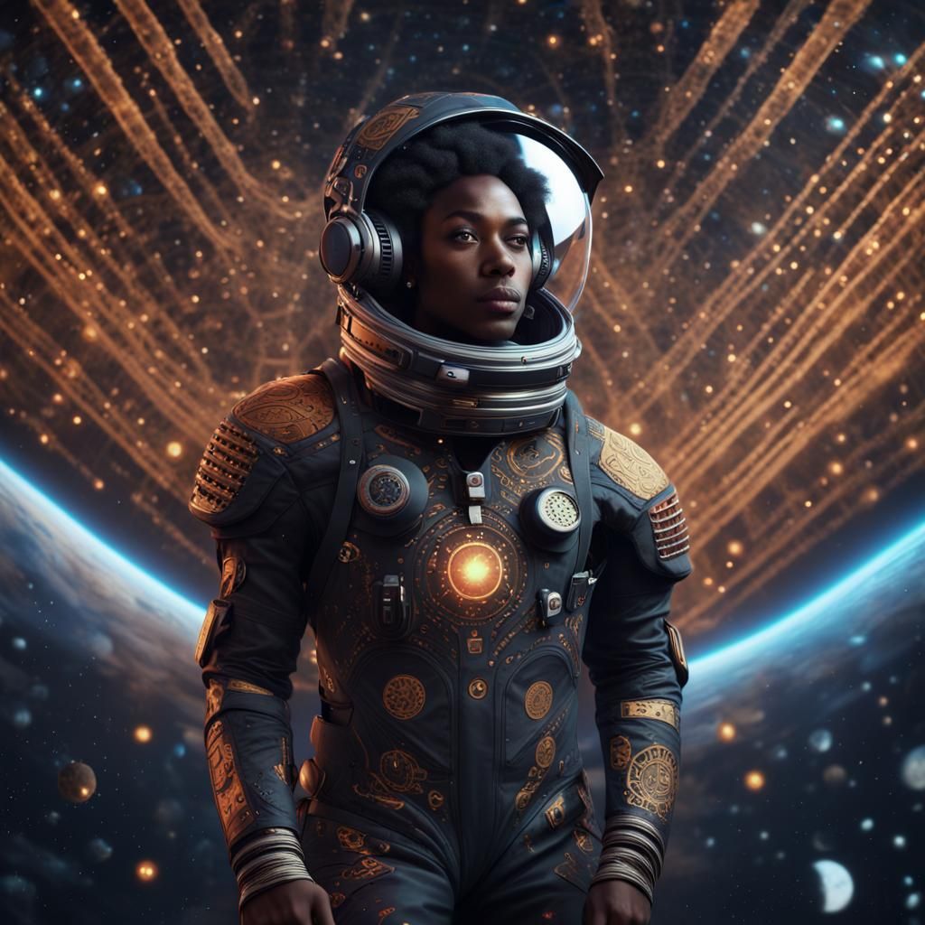 Afrofuturist Astronaut Soaring Through Cosmic Constellations