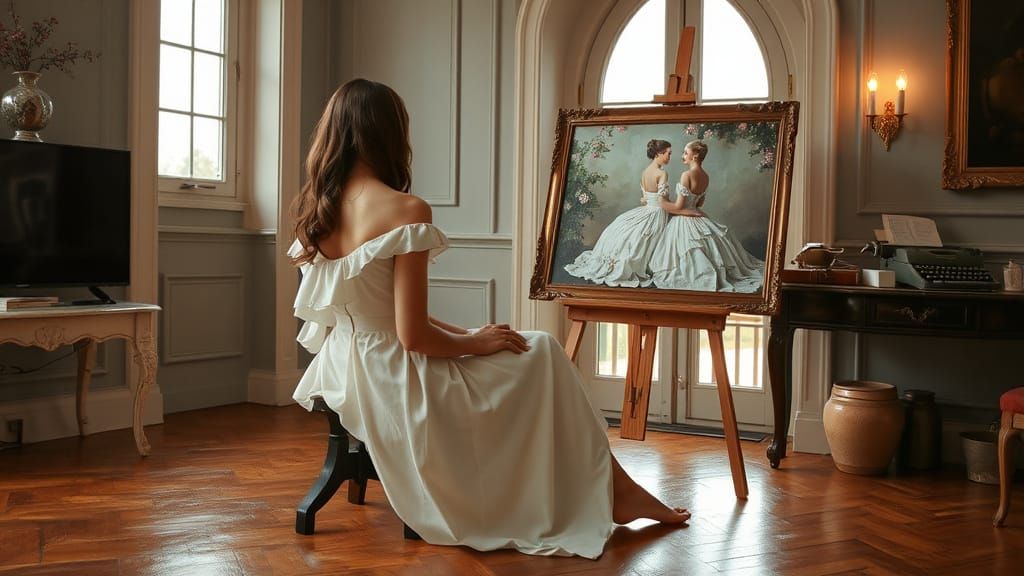 Woman Interacting With Victorian Painting, Rembrandt Style