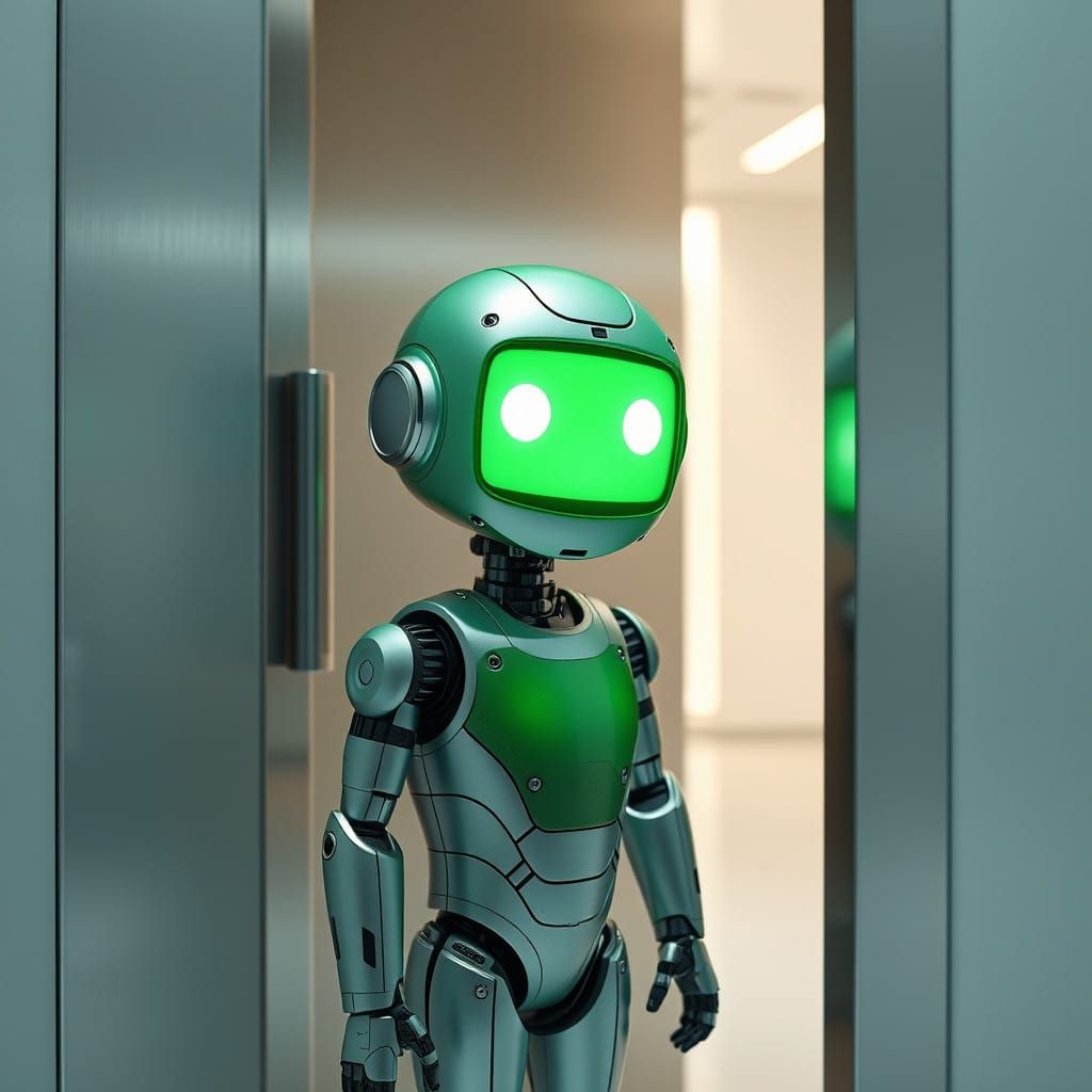 Sleek Green Robot Opens Door in Photorealistic Detail