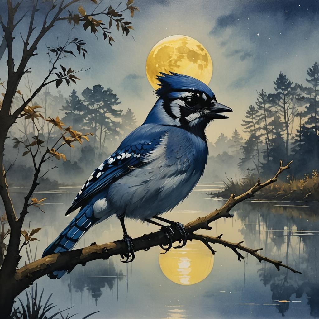 Bluejay Silhouette Under Yellow Moon in Gouache Style