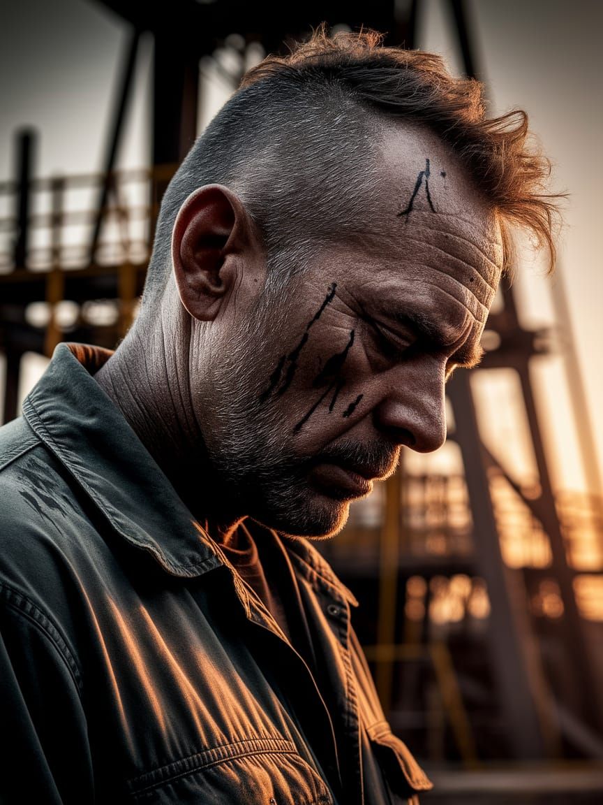 Exhausted Oil Rig Worker in Dramatic Lighting