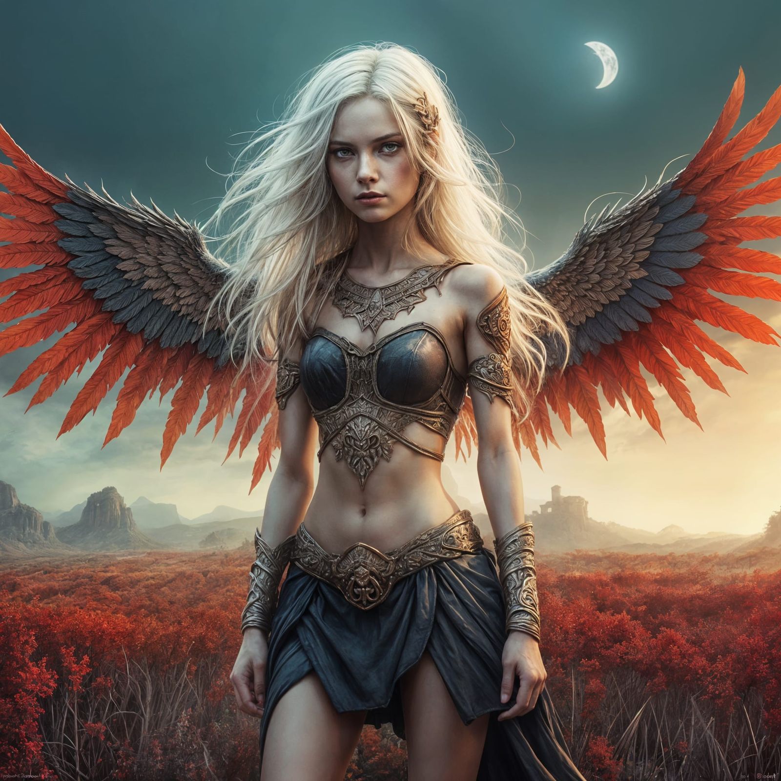 Winged Woman in Demonic Pose with Red Wings