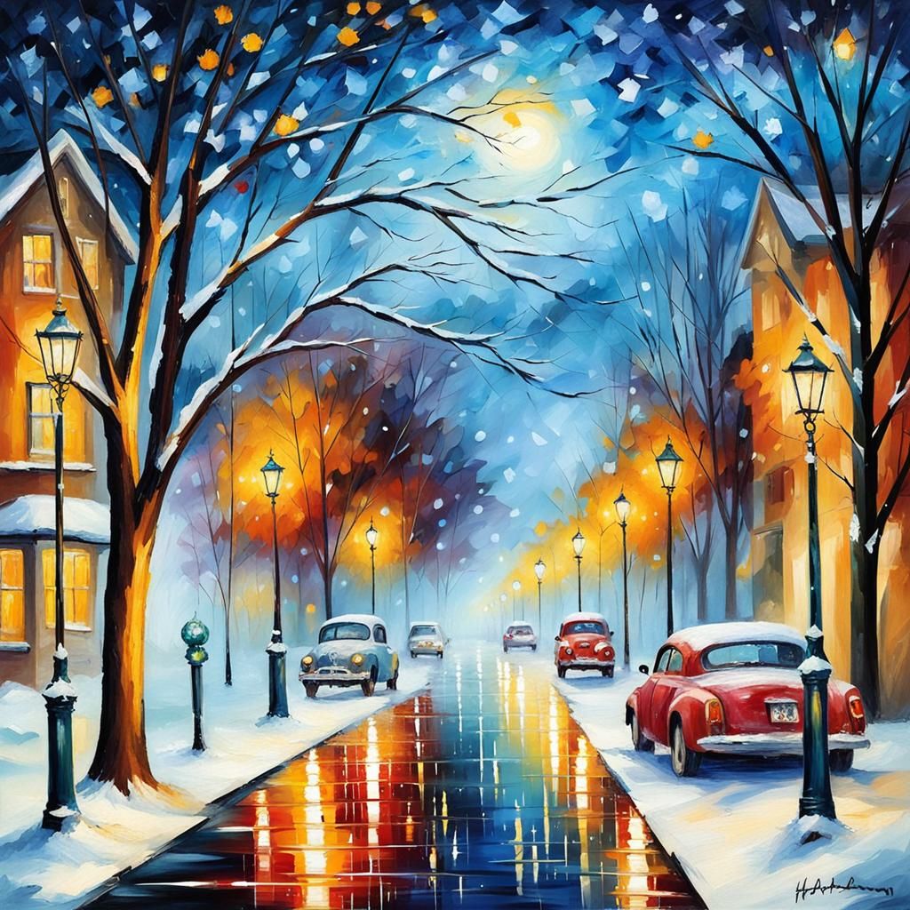 Winter Town at Night with Christmas Decorations