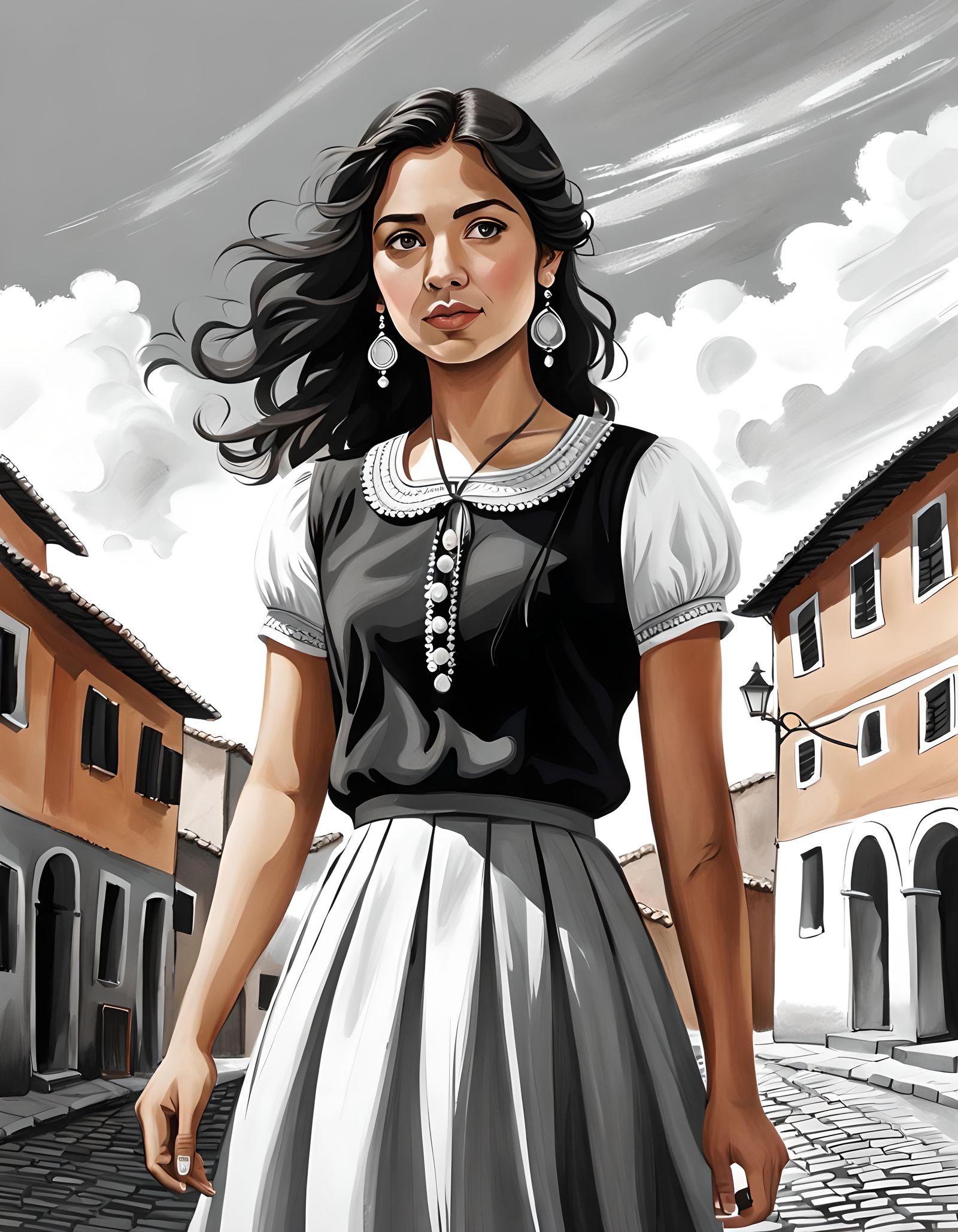 Italian Peasant Woman: Black and White Pencil Sketch