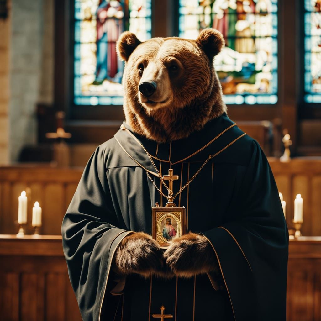 Bear Priest Saying Mass in Vintage Photo