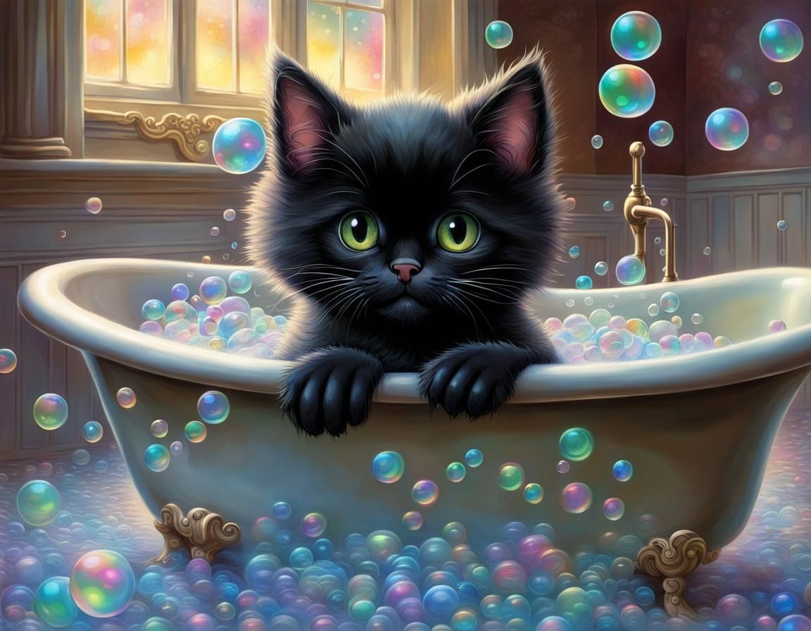 Playful Kitten Bathtime in Ethereal Fantasy Style