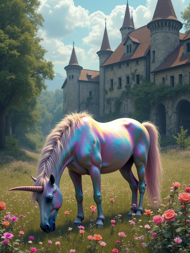 Unicorn Grazing in Astral Meadow with Village