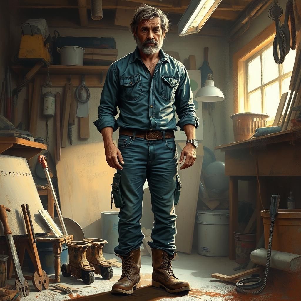 Rugged Handyman in Workshop, Gritty Art Style
