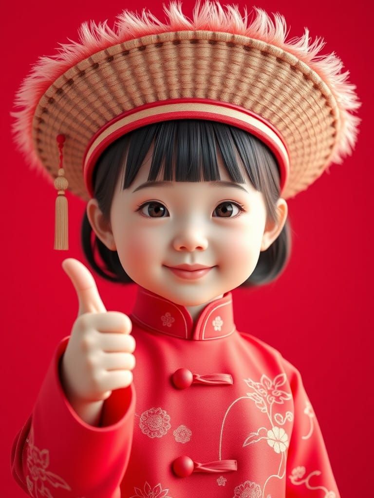Cute Little Girl in Traditional Chinese Costume Poses with T...