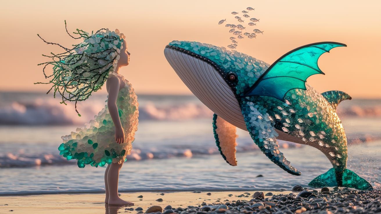 Sea Glass Sculpture Girl and Leviathan Whale at Sunset