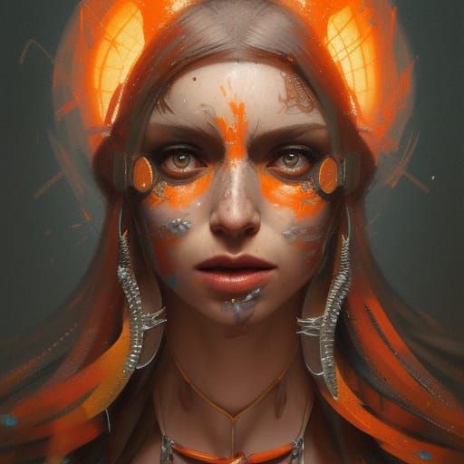Tribal Witch Portrait in Orange, Hyperdetailed Art