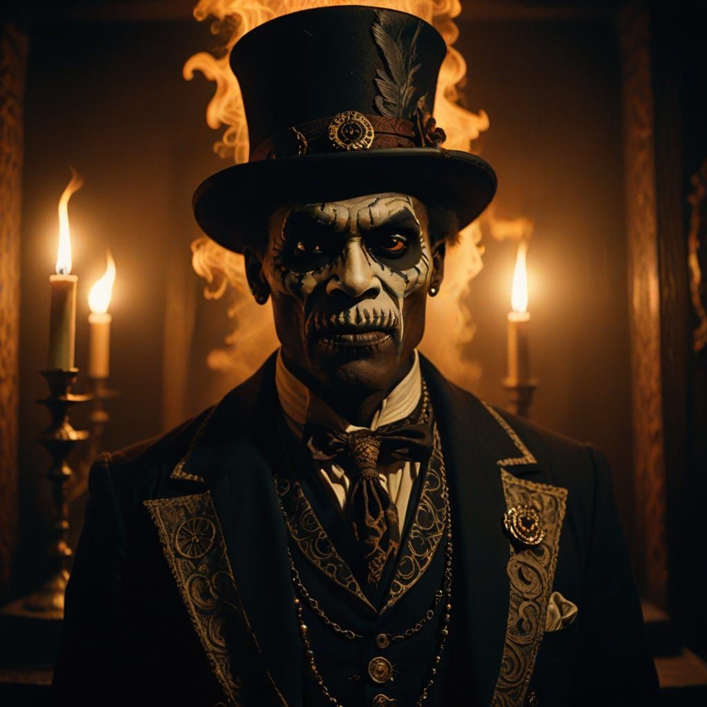 Hyperrealistic Portrait of Baron Samedi in Dark Chamber