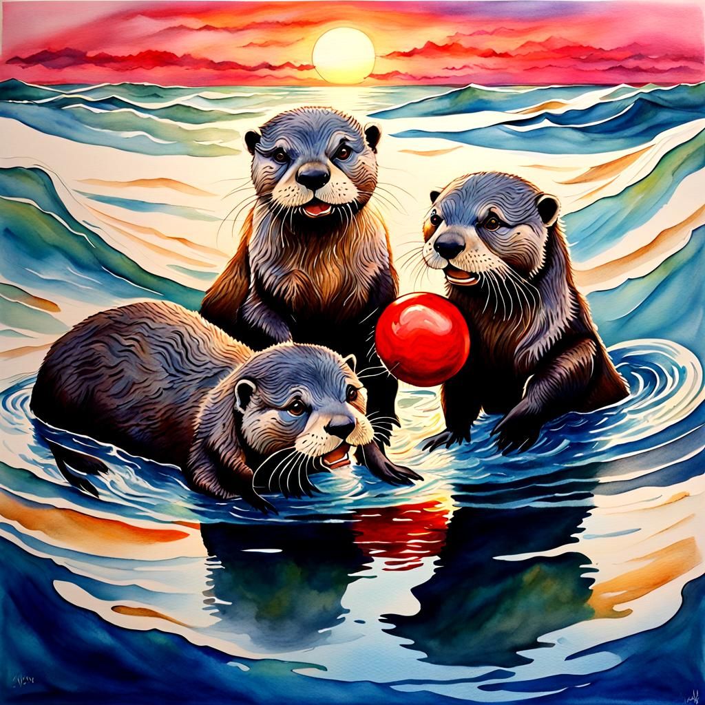 Playful Otters at Sunset: Watercolor Painting
