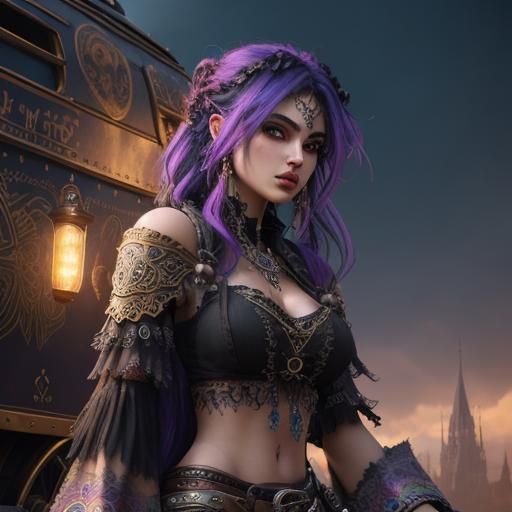 Beautiful Gypsy Woman with Creature, Oil Illustration