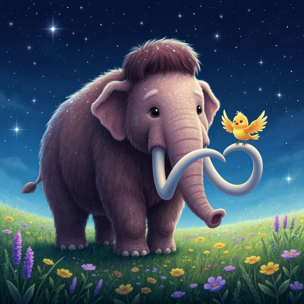 Pink Woolly Mammoth in Starry Meadow
