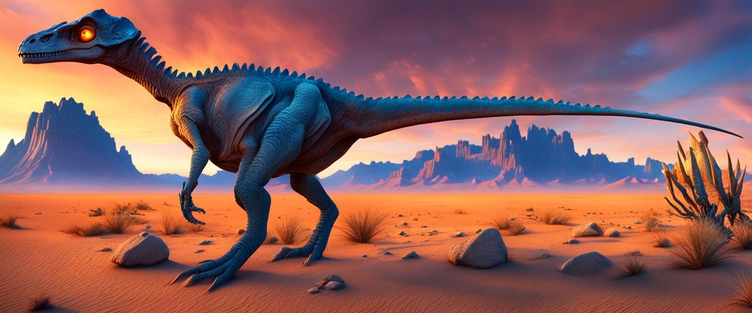 Raptors Stalk Protoceratops in Barren Desert