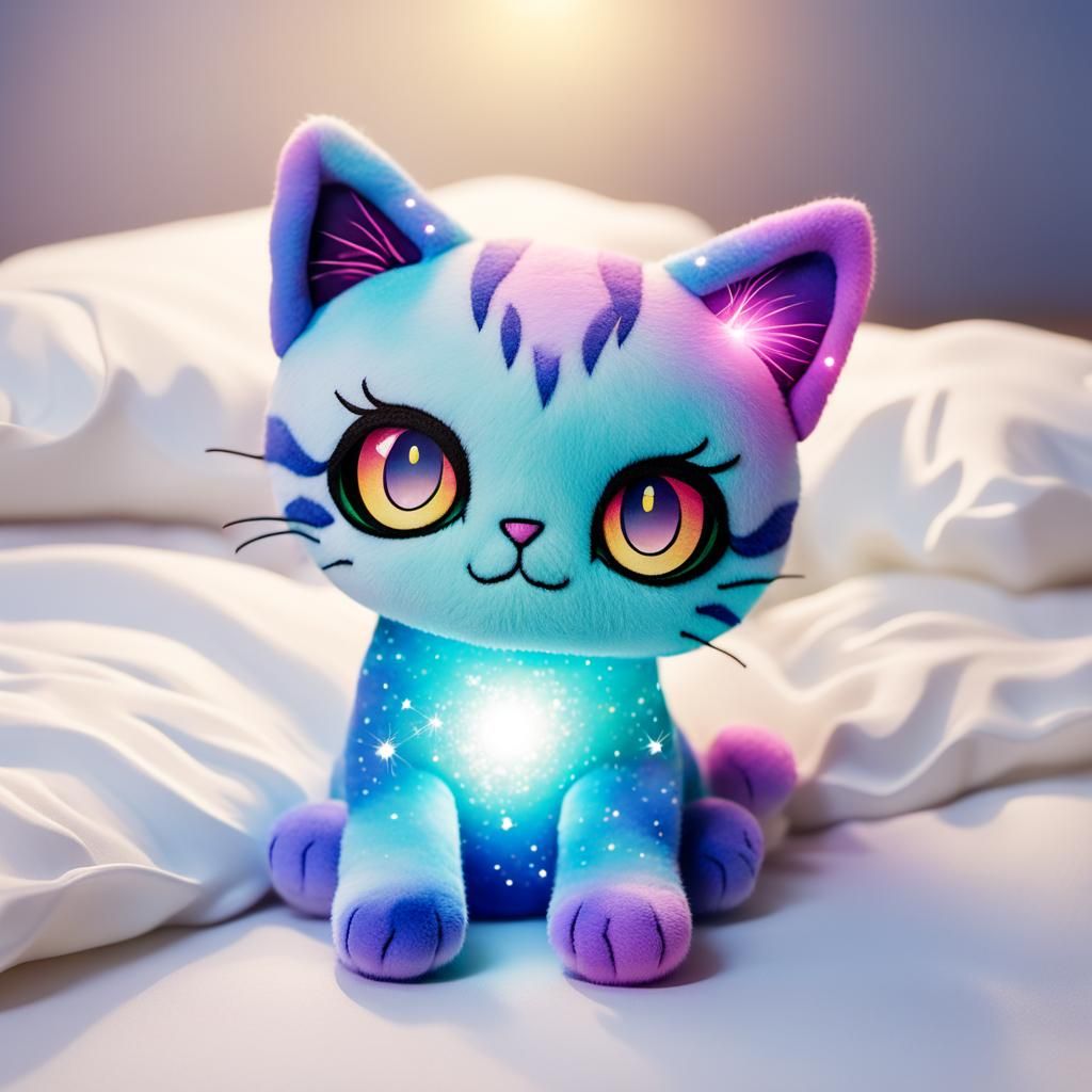 Colorful Plush Cat in Bed with Sparkles