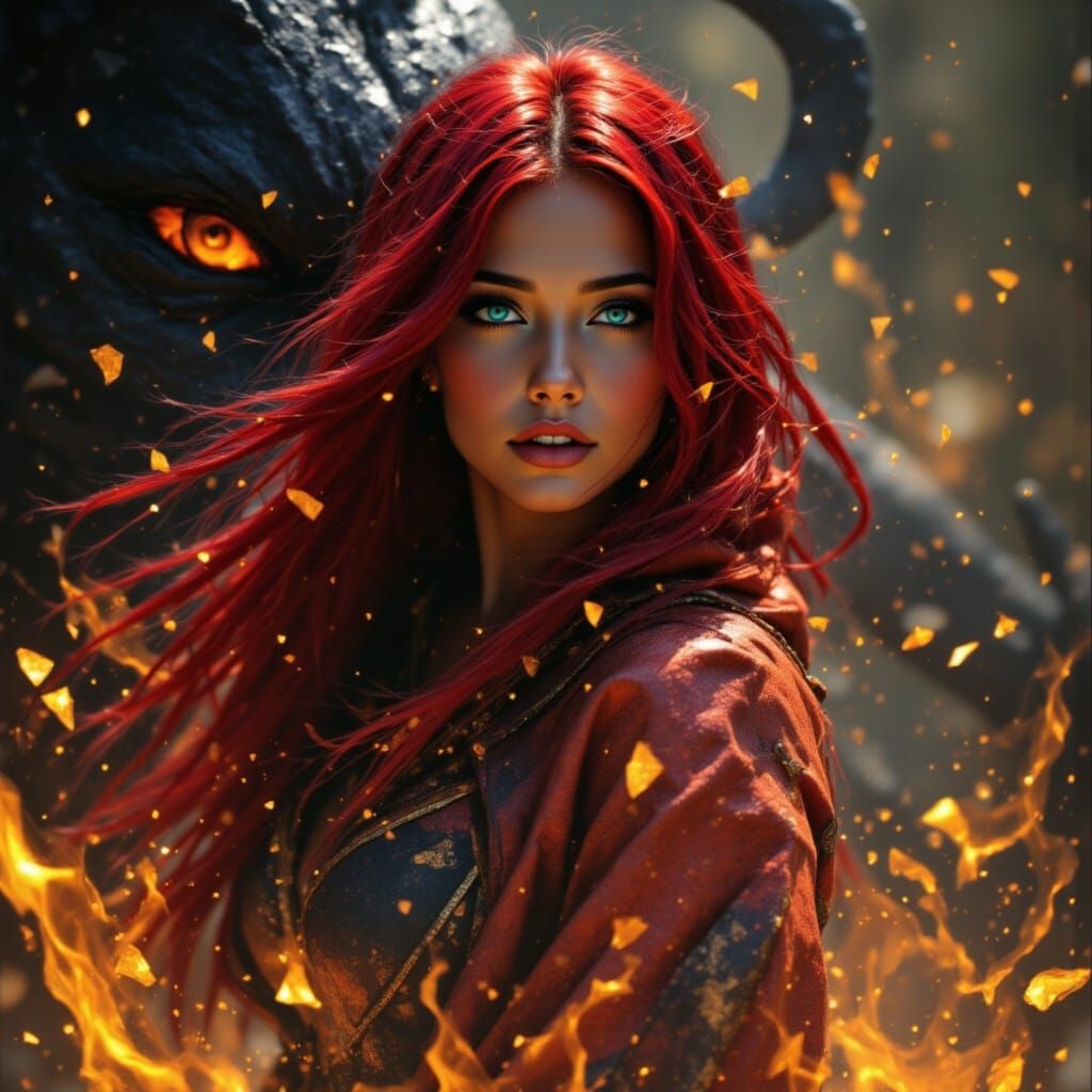 Fantasy Adventurer Battles Shadow Beast in Burning Forest