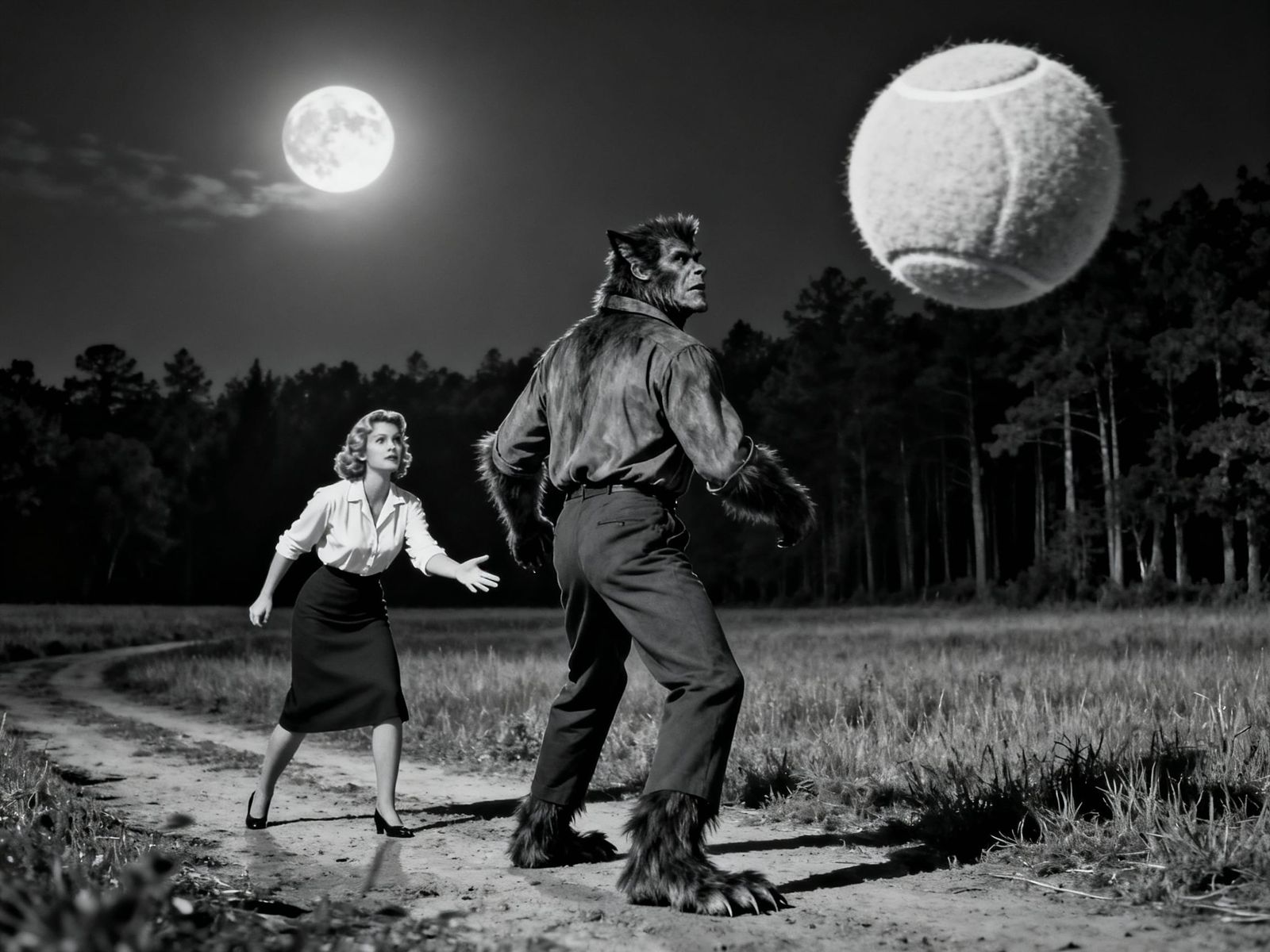 Wolfman Tennis Ball Encounter Under Full Moon