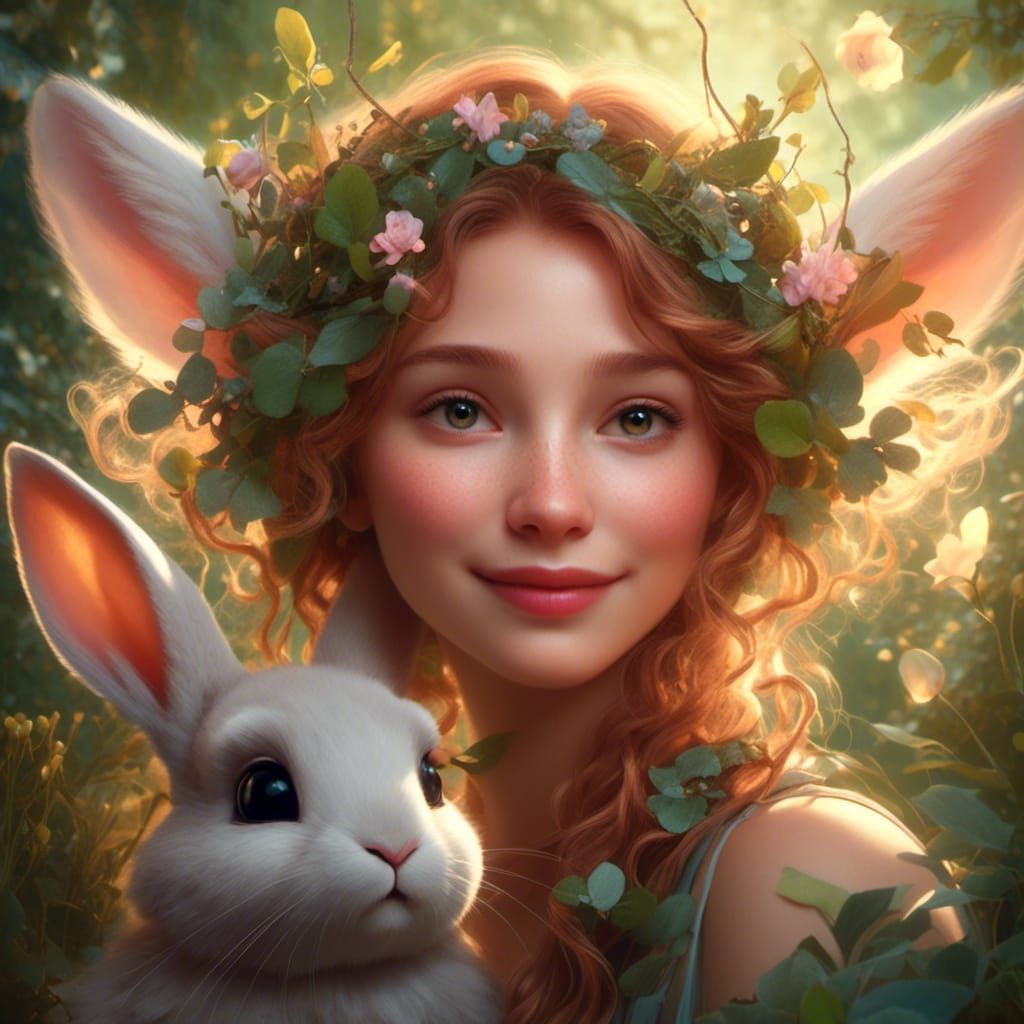 Bunny-Eared Fairy Portrait in Art Nouveau Style