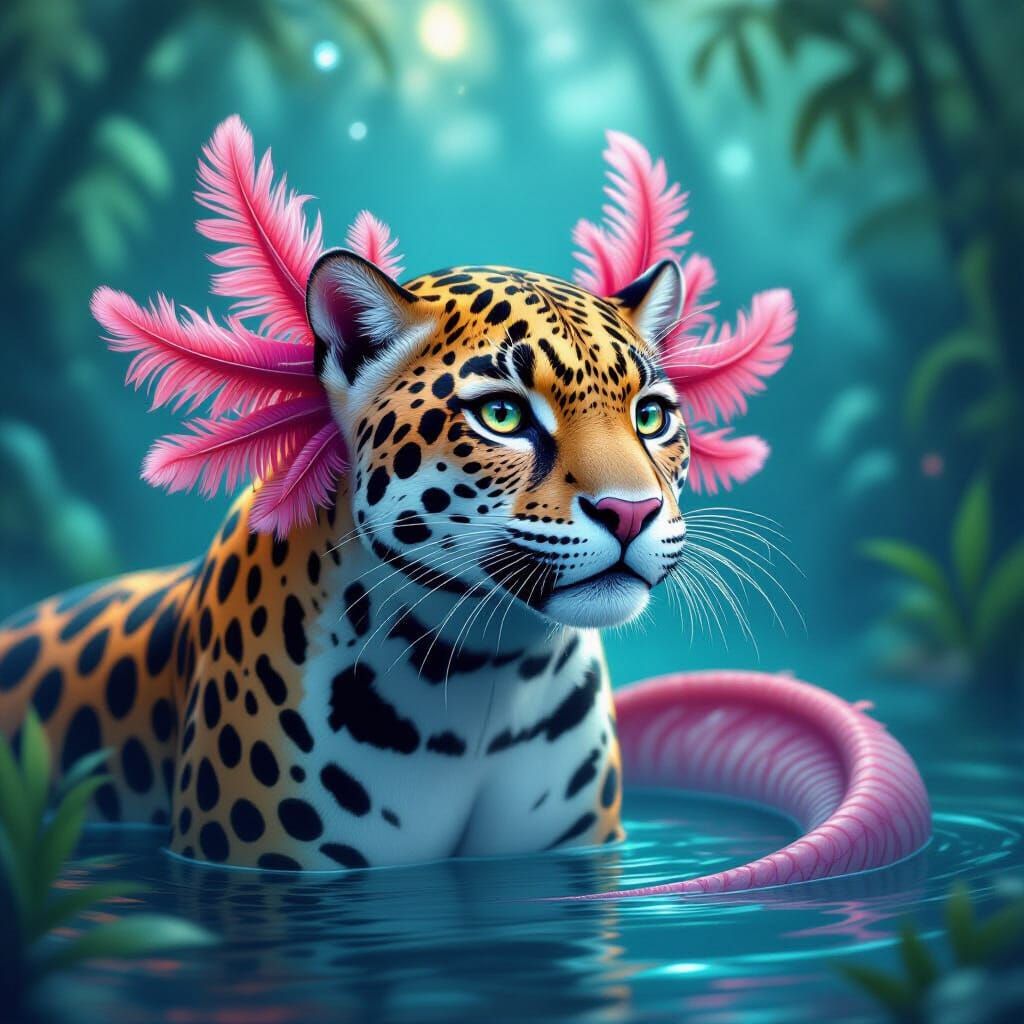 Majestic Jaguar with Axolotl Features, Ethereal Dreamscape