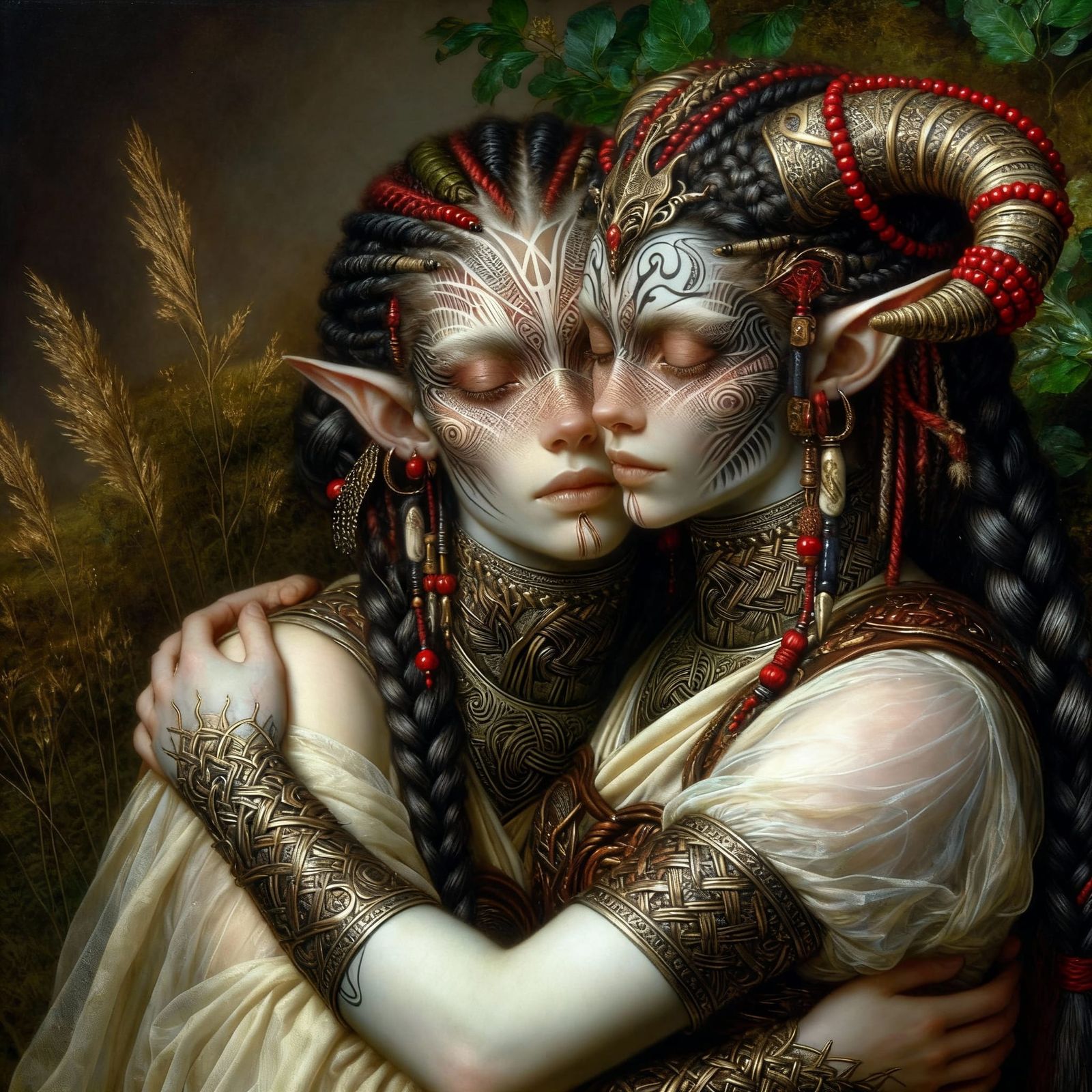 Two Sisters Embrace in Pre-Raphaelite Style