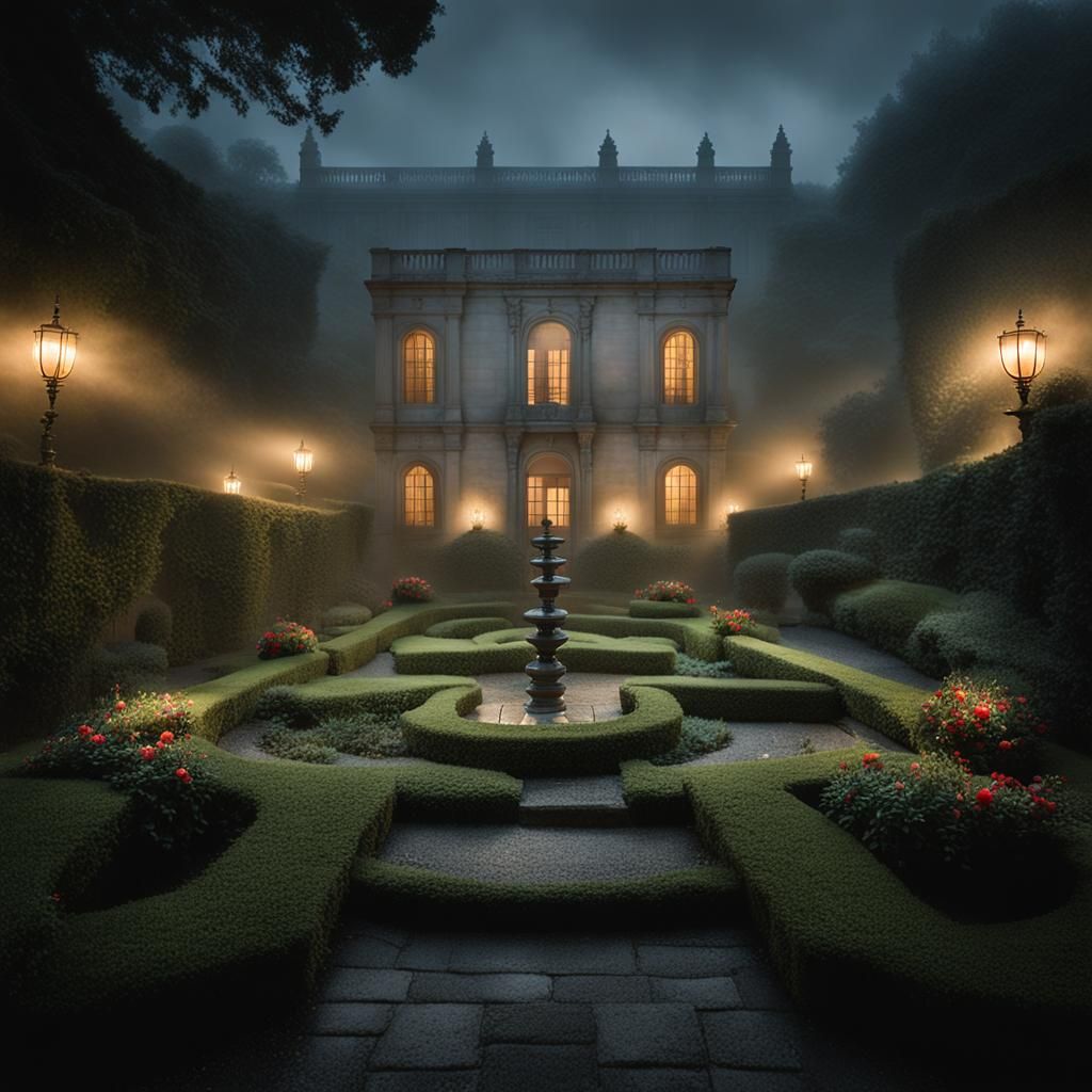 Misty Night Garden with Spanish Mansion