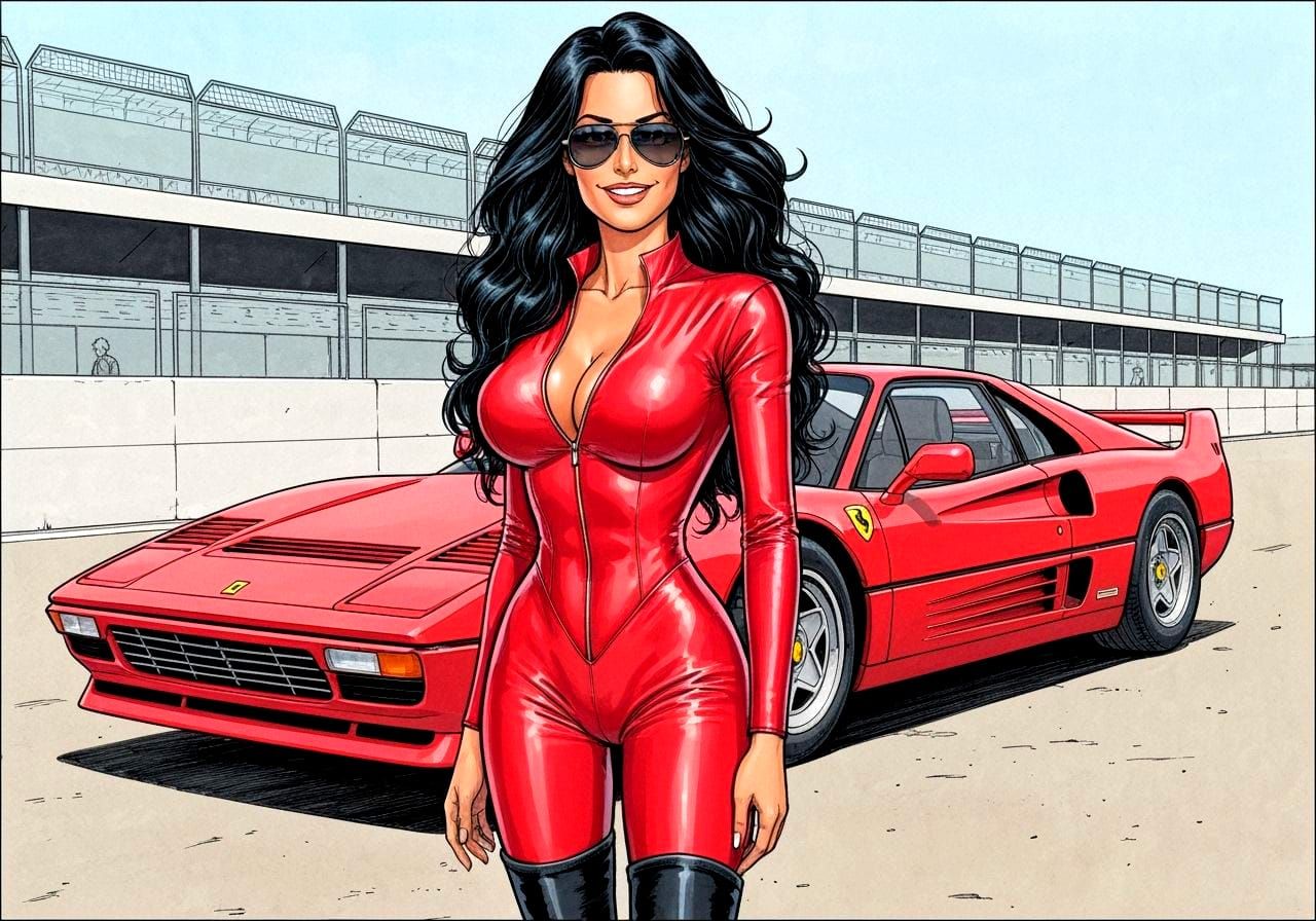 Italian Model in Red with Ferrari, Comic Art Style