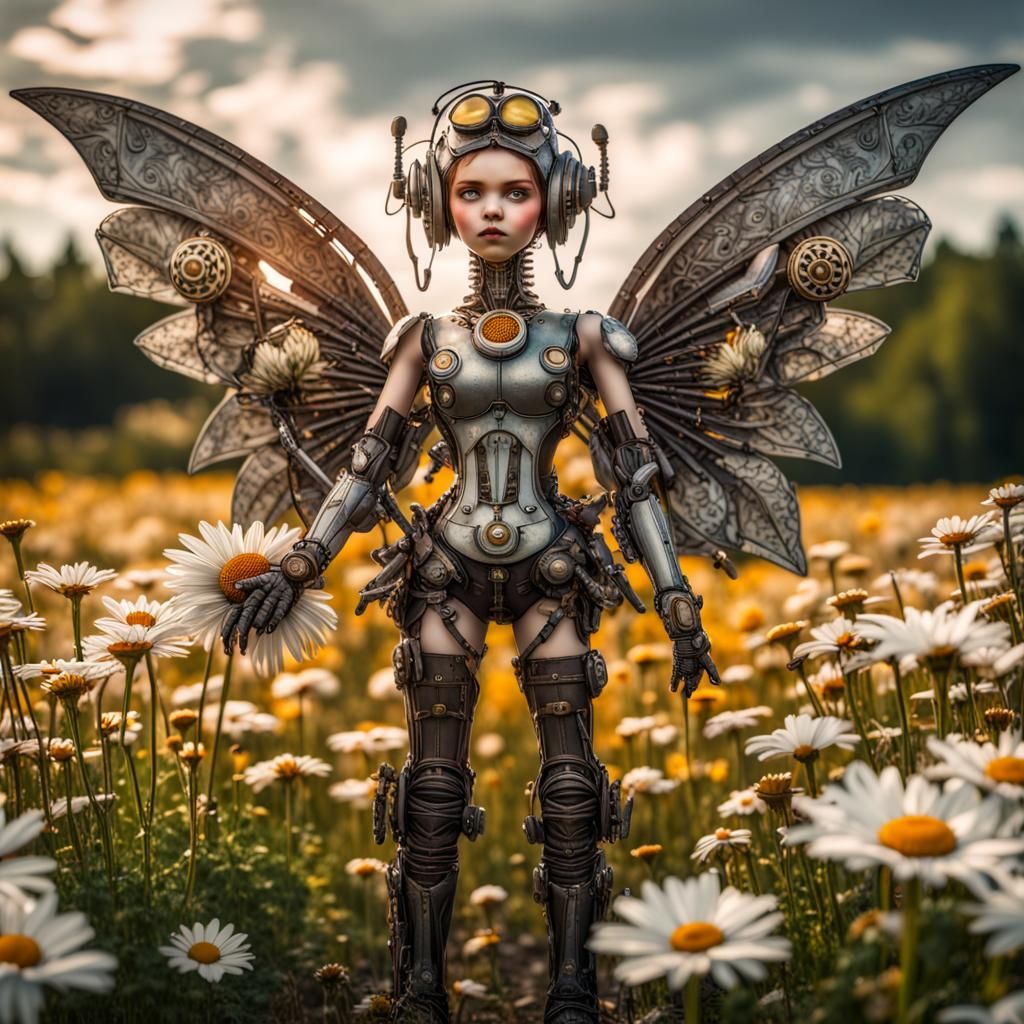 Steampunk Robotic Pixie in Flower Field