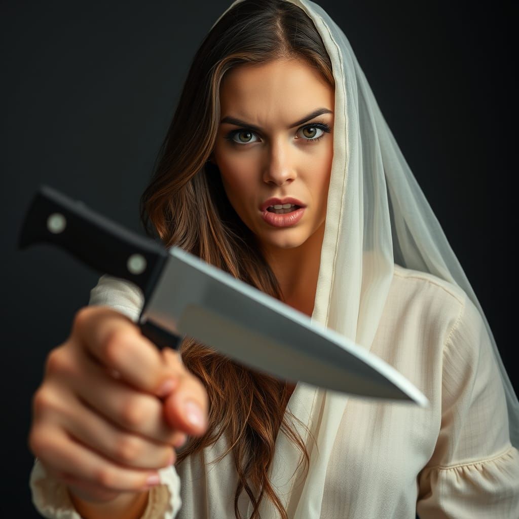 Angry Woman Waving Knife at the Camera