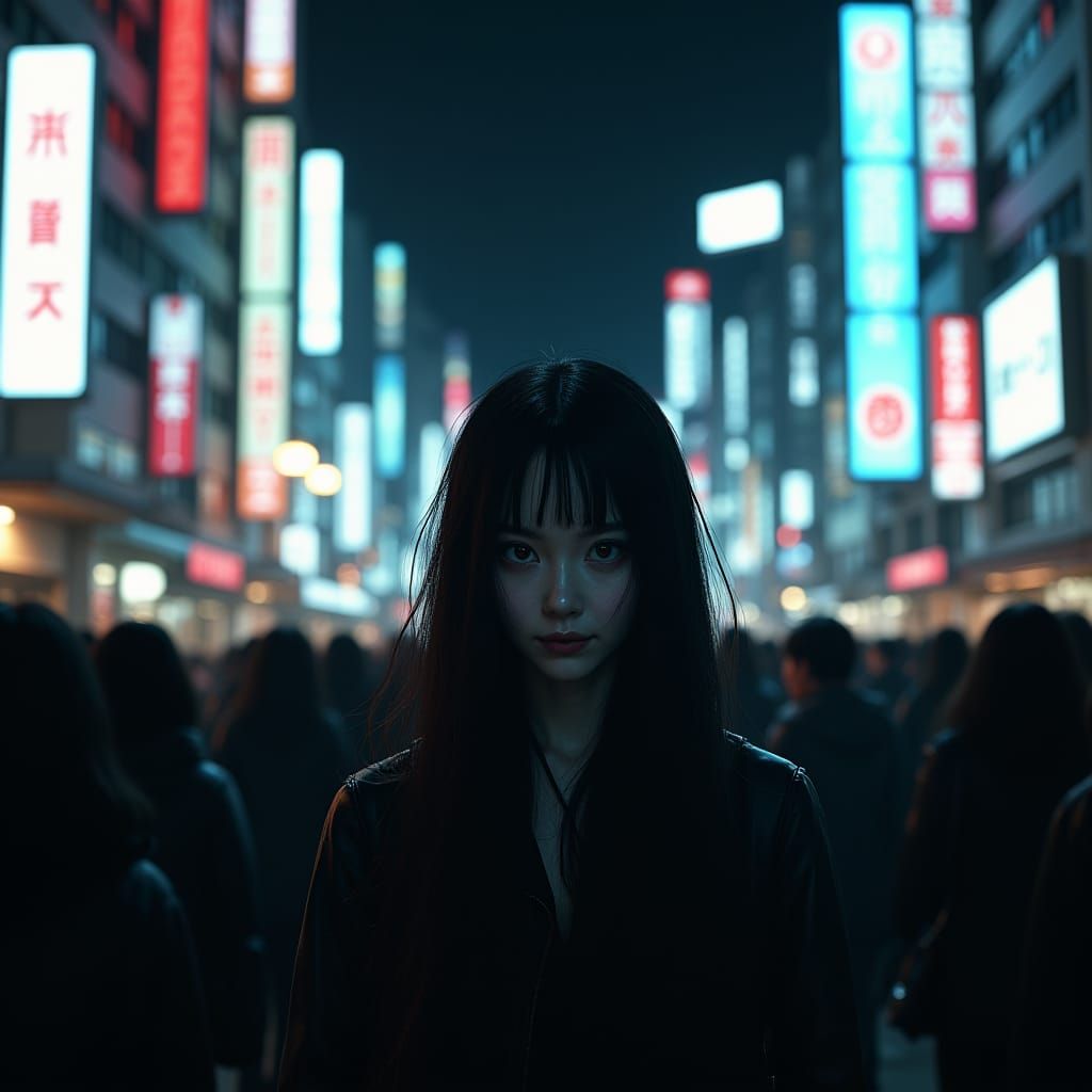 Kuchisake Onna in Tokyo Night Crowd, 3D Anime Art