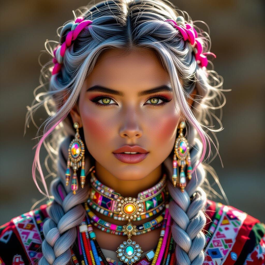 Inka Woman Portrait: Silver Hair, Pink Highlights, Golden Ho...