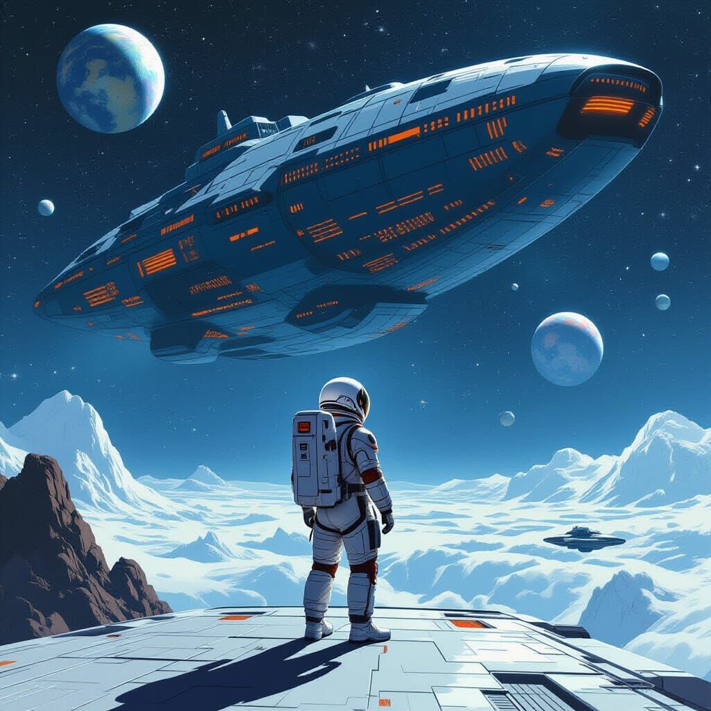 Astronaut on Spaceship with Ominous Vessel in Background