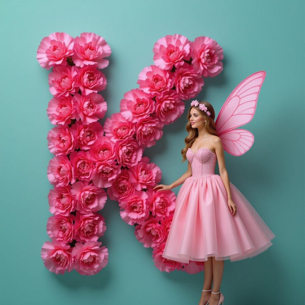 Pink Fairy Beside Carnation Letter K