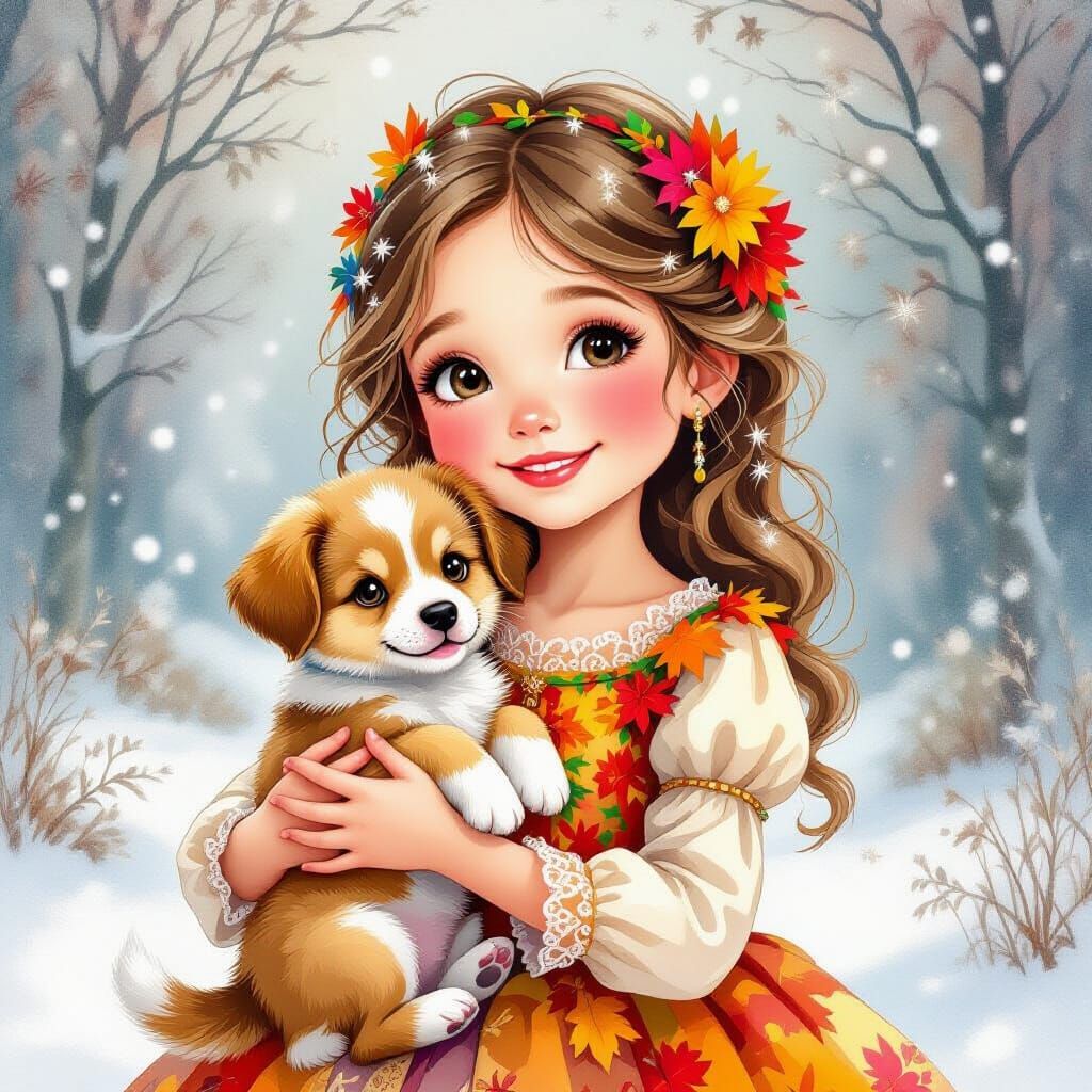 Charming Girl with Puppy in Dreamy Watercolor Style