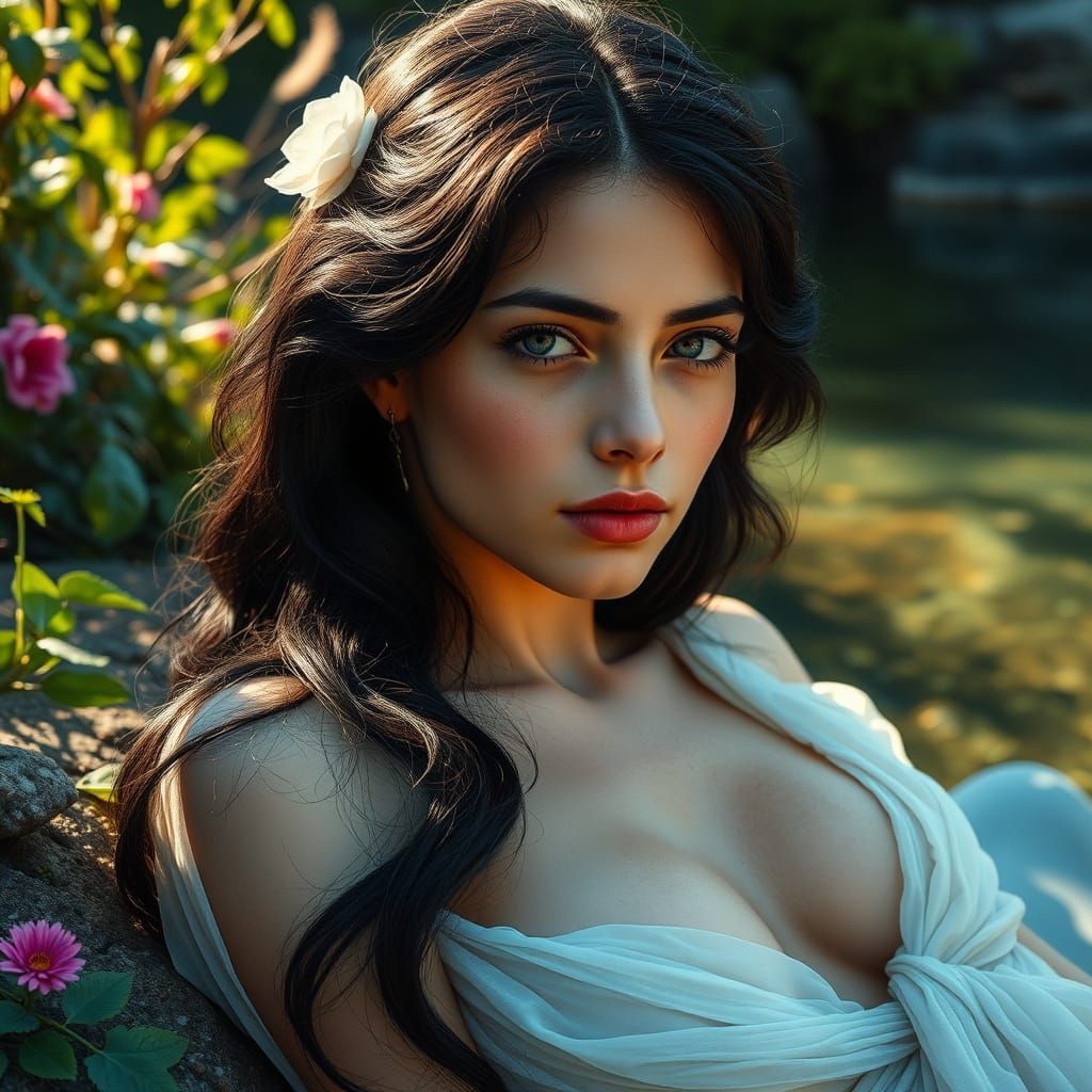 Sublime Greek Goddess in Lush Greenery