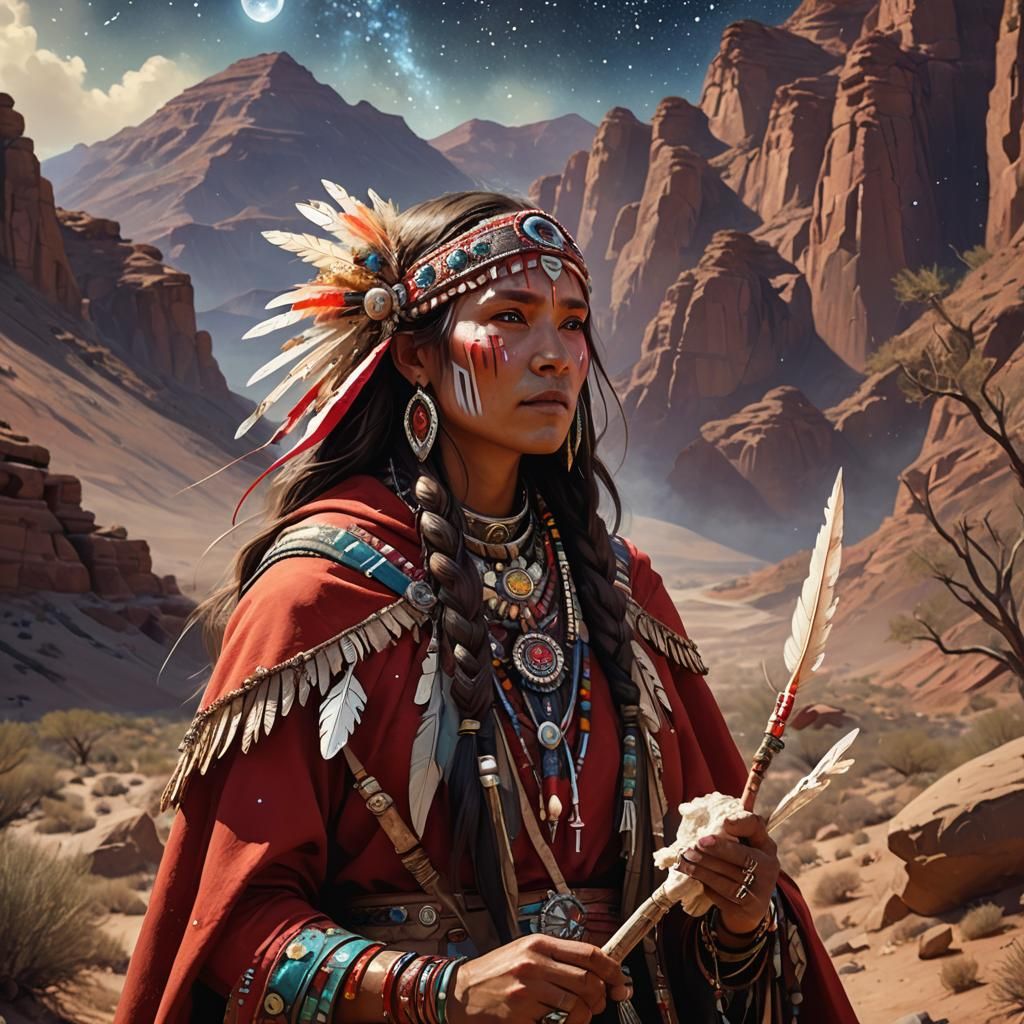 Lakota Woman Shaman in Desert Landscape, Fantasy Art