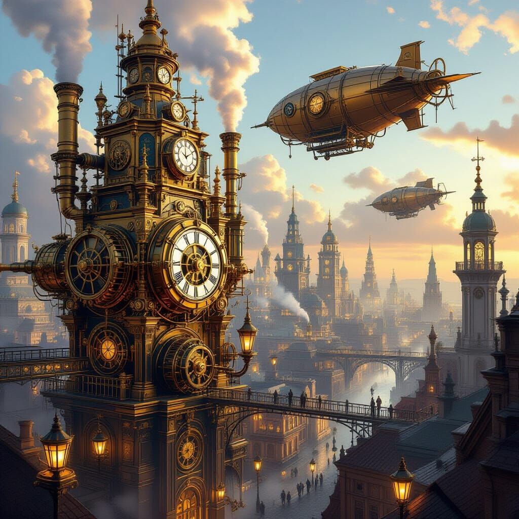 Steampunk Cityscape with Airships and Clockwork Tech