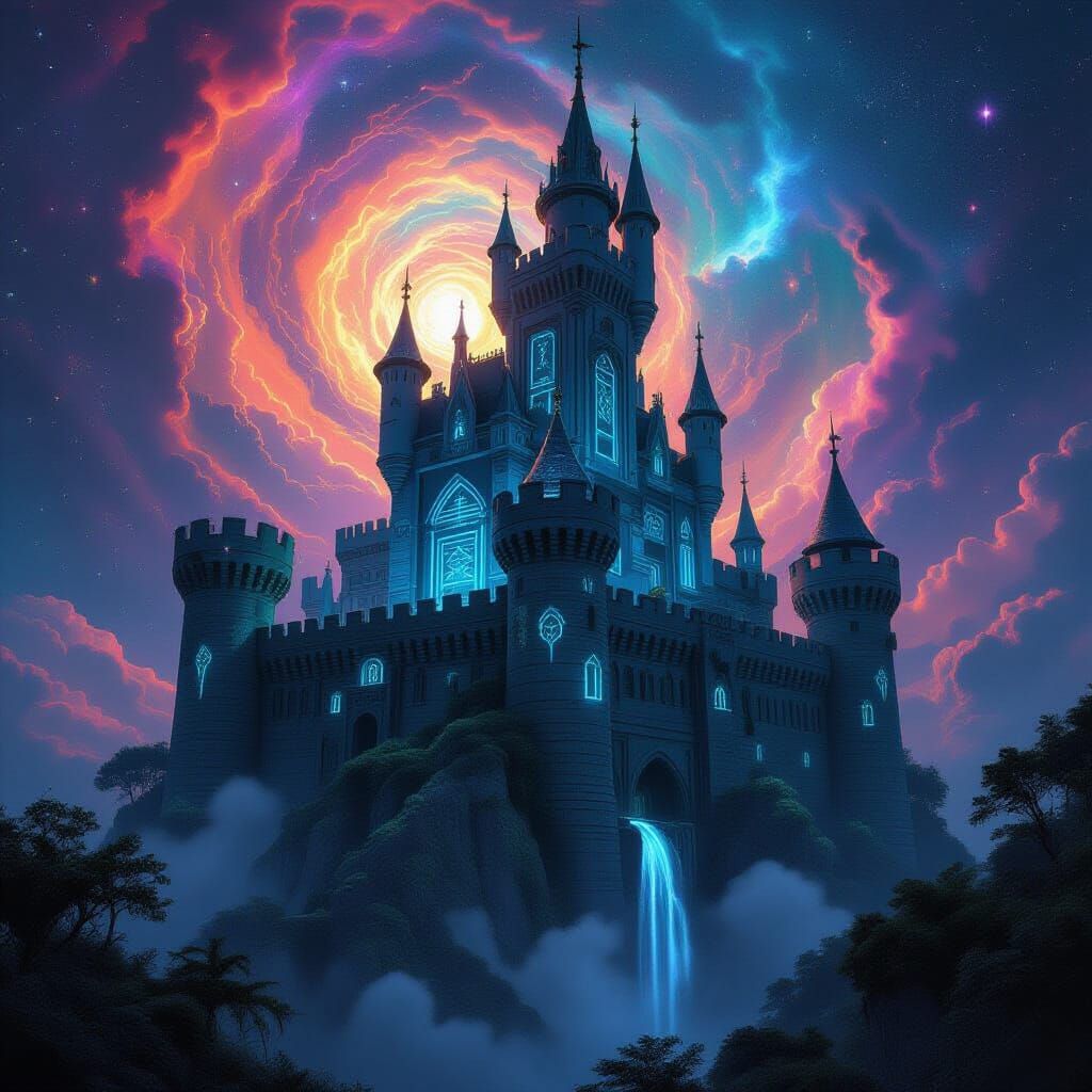 Bioluminescent Castle Silhouette Against Nebula