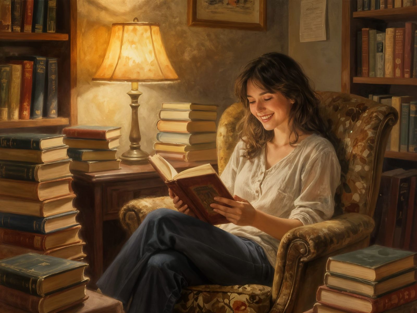 Cozy Bookstore Scene: Woman Reading in Warm Light