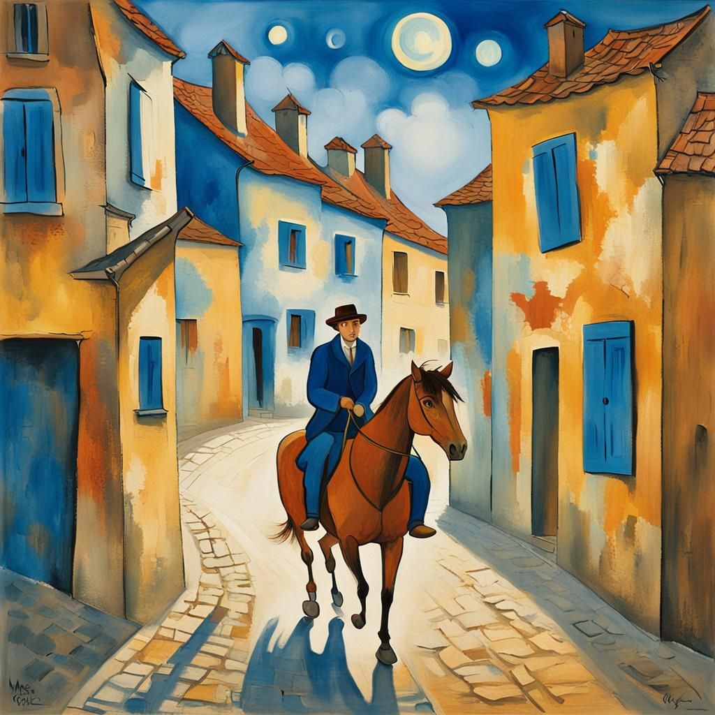 Equestrian Figure in Village, in Surrealist Style