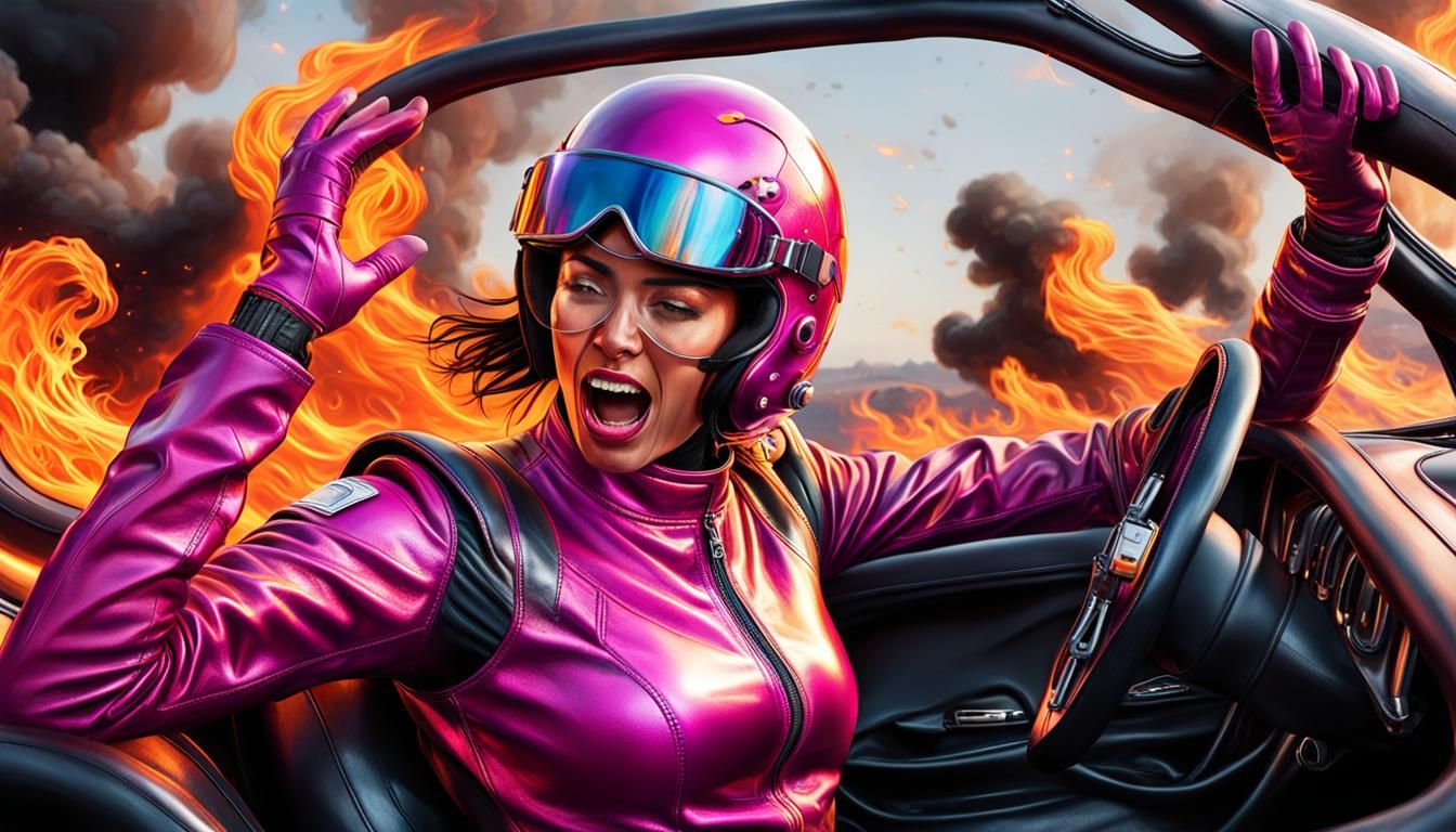 Fiery Fear: Hyperrealistic Woman in Burning Race Car