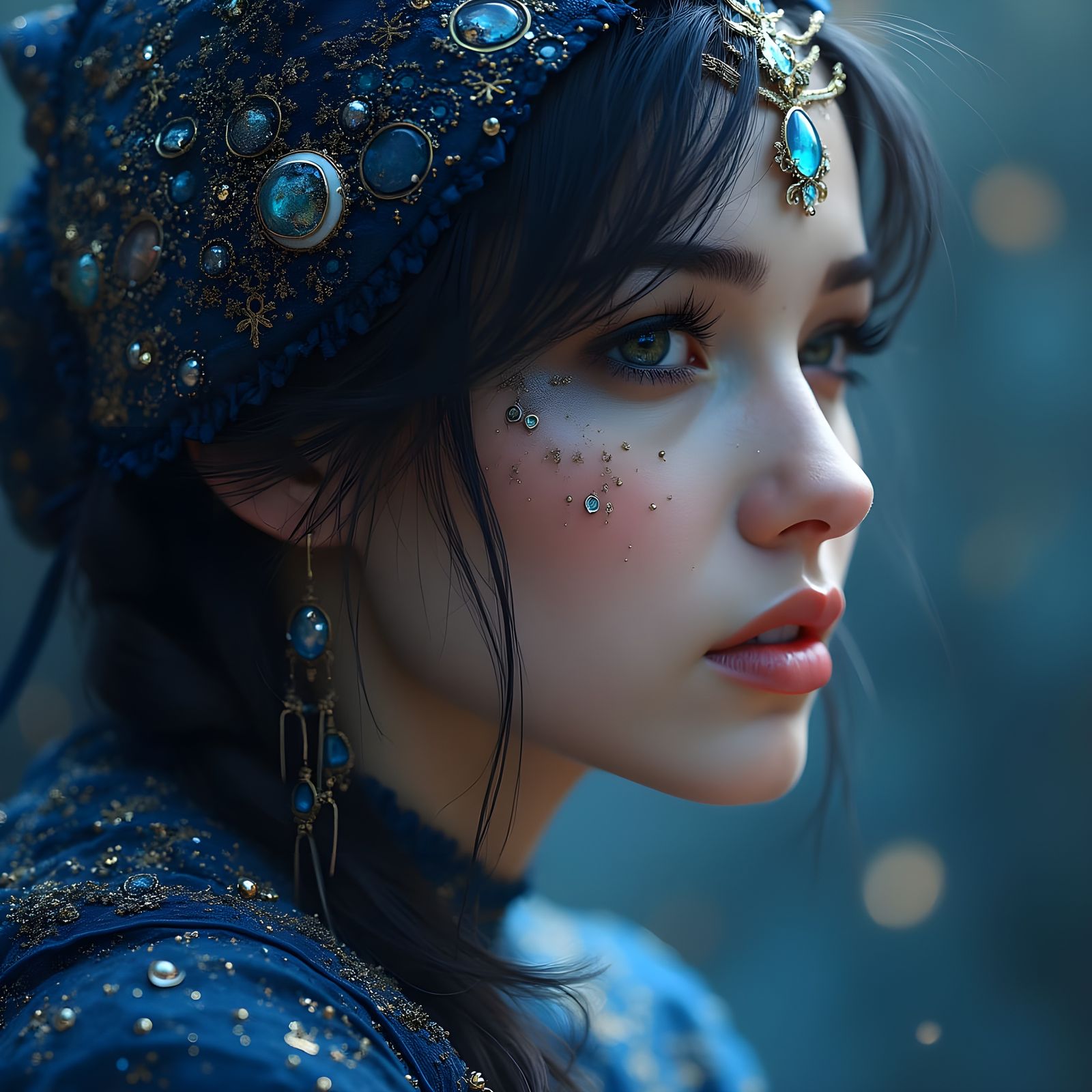 Mystical Norse Goddess in Dark Blue Filigree